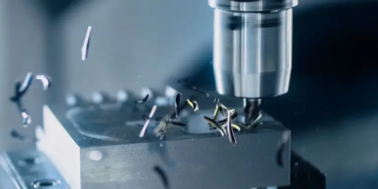 Ein kleines Aluminiumteil ist gespannt und wird gefräst, Späne fliegen zur Seite
