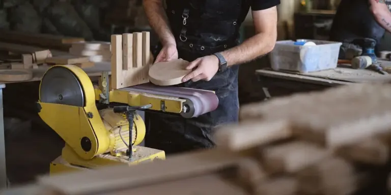 Ein stationärer Band- und Tellerschleifer in einer Werkstatt, eine Hand führt eine runde Holzscheibe über das Band