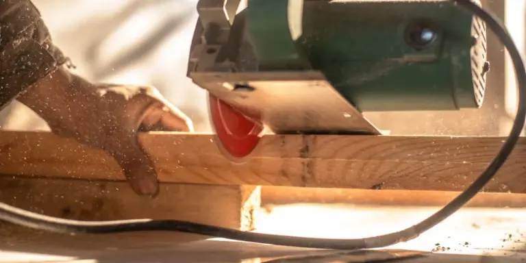 Eine Kreissäge trennt ein Holzbrett, Späne fliegen im Gegenlicht