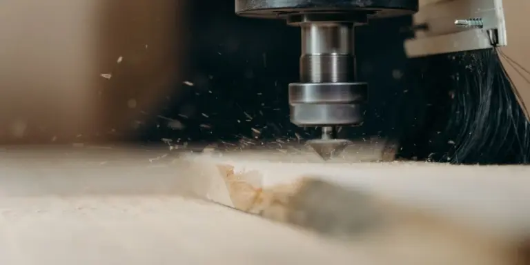 Ein Fräser schneidet in Holz, die Späne fliegen zur Seite